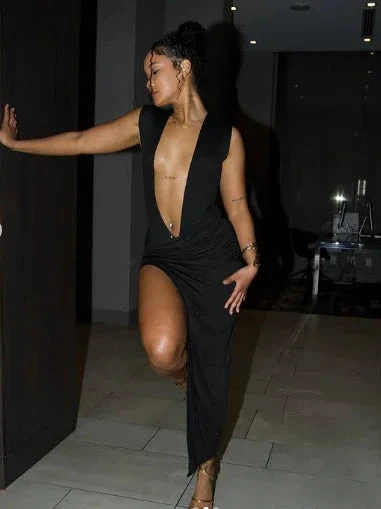 Sexy Deep V Neck Black Evening Dress Black Evening Gown Y4446
