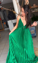 Green Spaghetti Straps Pleated V Neck Party Prom Dress A Line Evening Gown Y7958