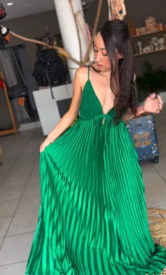 Green Spaghetti Straps Pleated V Neck Party Prom Dress A Line Evening Gown Y7958
