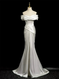 Simple Mermaid Off Shoulder Satin White Long Prom Evening Dress, Formal Wedding Dress Y8047