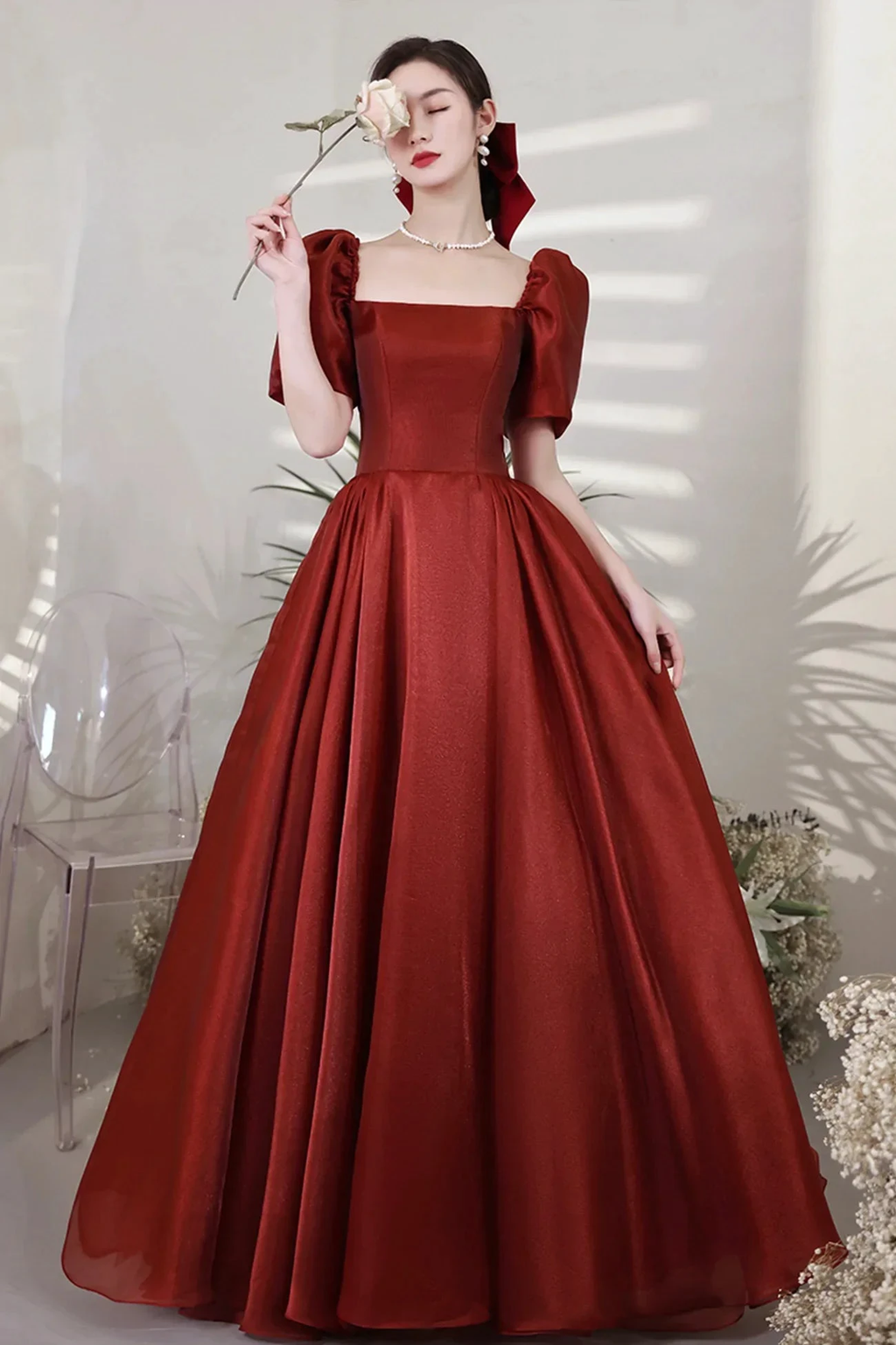 Burgundy Satin Long Prom Dresses A-Line Short Sleeve Evening Dresses Y1170