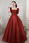 Burgundy Satin Long Prom Dresses A-Line Short Sleeve Evening Dresses Y1170