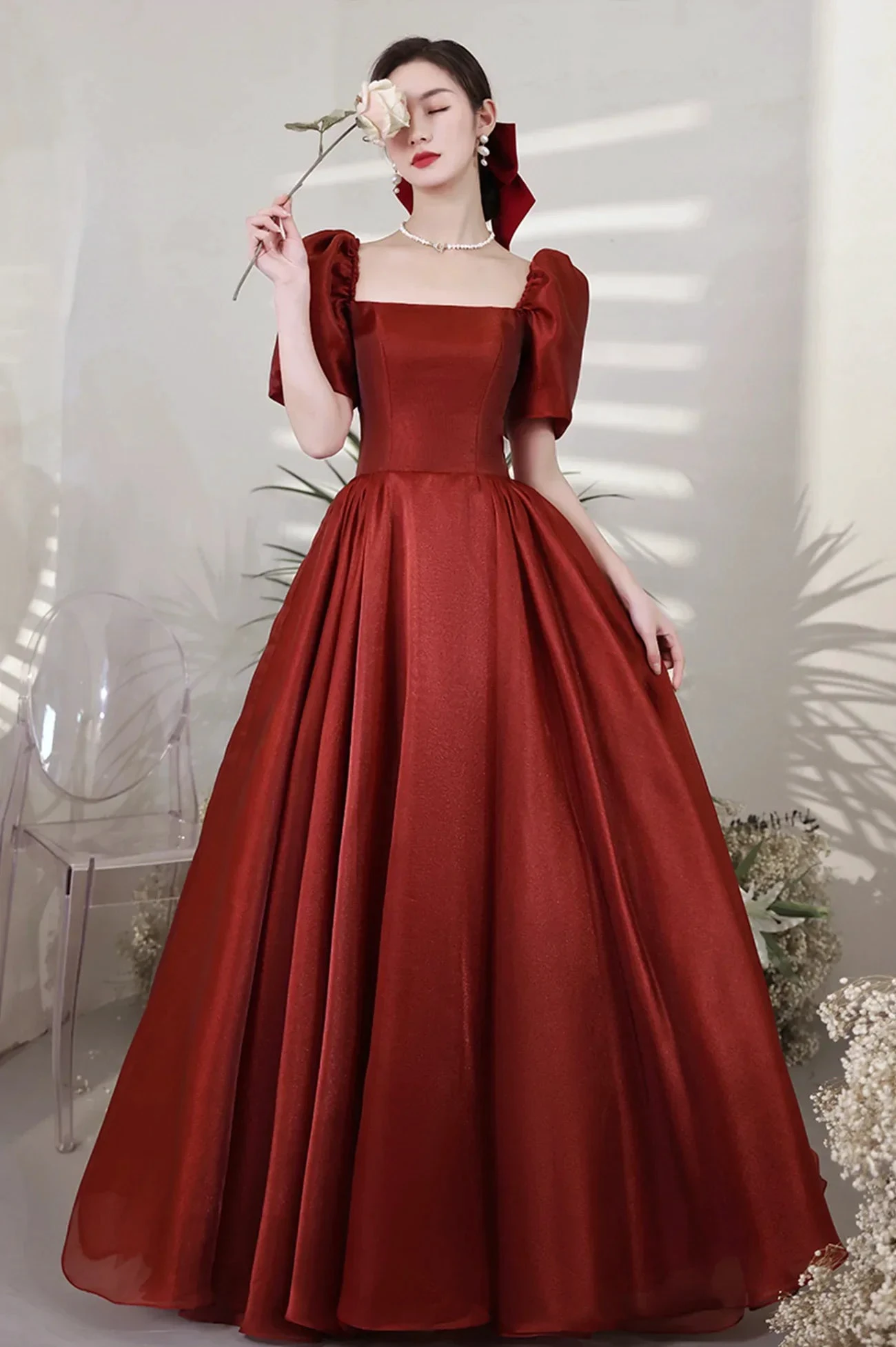 Burgundy Satin Long Prom Dresses A-Line Short Sleeve Evening Dresses Y1170