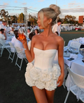 Cute White Strapless Pleated Rose Cocktail Dress Satin Bodycon Mini Homecoming Dress Y8282