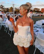 Cute White Strapless Pleated Rose Cocktail Dress Satin Bodycon Mini Homecoming Dress Y8282