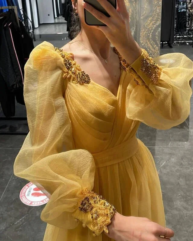Puff Sleeves V Neck Tulle Slit Evening Dress Y5793