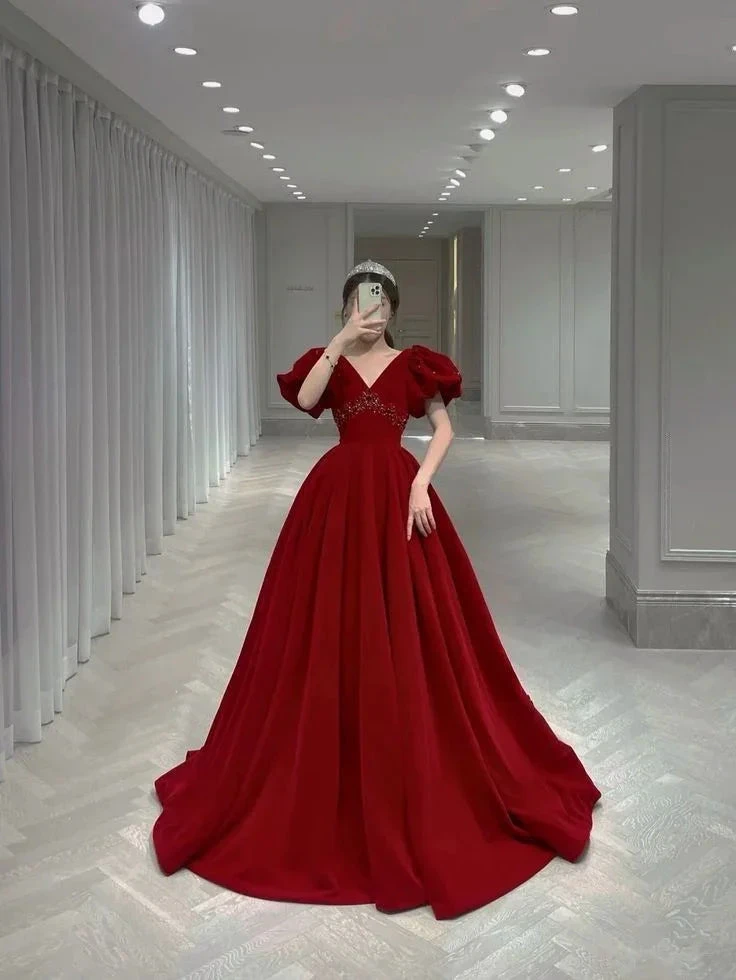V-neck Evening Dress Charming Prom dress Velvet Party Dress Bubble Sleeve Dress Y4573