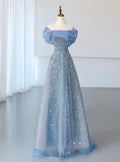 Blue Tulle Sequins Evening Dress Off The Shoulder Pleats A Line Prom Dress Y8041