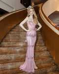 Glamorous Pink Sequins Beaded Slit Mermaid Prom Dress Evening Dress Y8446