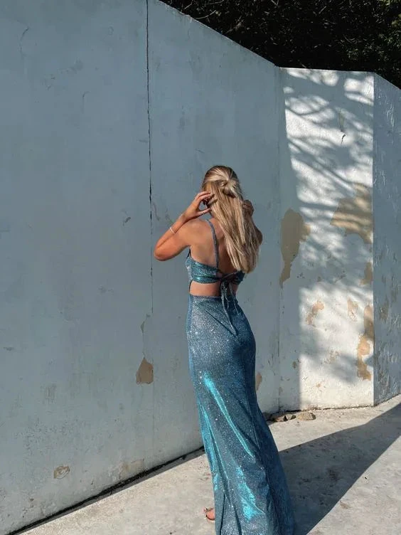 Shiny Spaghetti Straps Sheath Slit Prom Dress Long Evening Dress Y7443