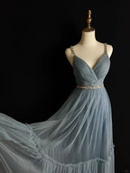 Simple Blue Tulle Beaded A Line Evening Dress Spaghetti Straps V Neck Prom Dress Y8649