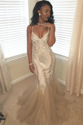 Spaghetti Straps Sparkle Sequins Prom Dress Sleeveless Mermaid Sexy Evening Gowns Y1466