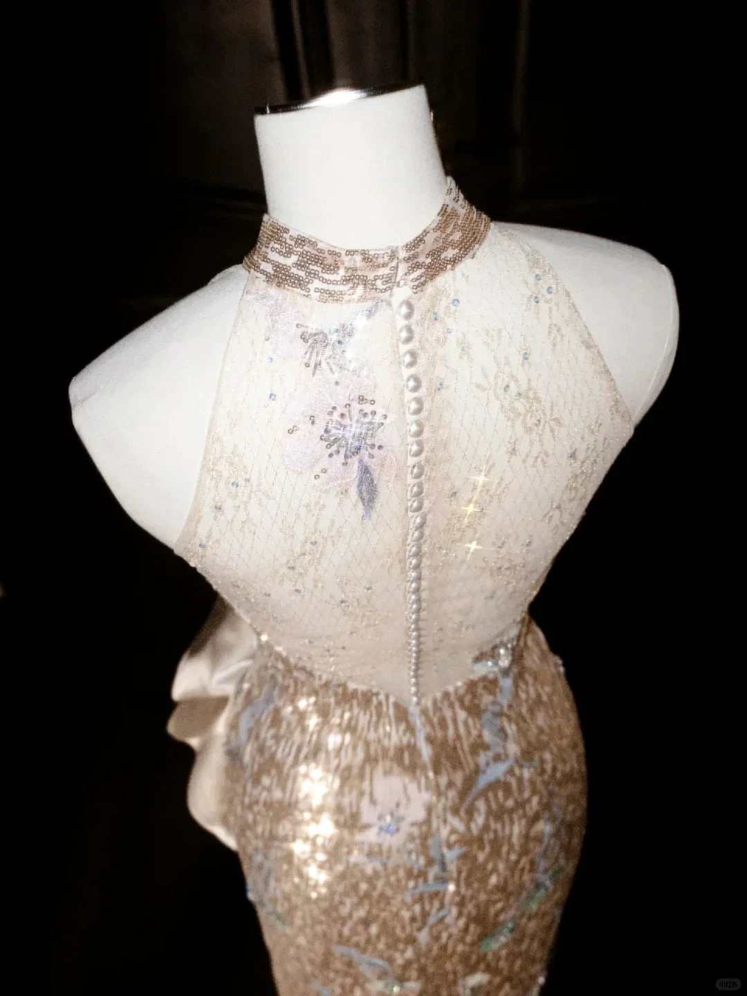 Glitter Champagne Gold Sequin Sheath Prom Dress Halter Long Evening Dress Y8653