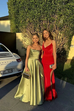 Classy Green Satin Pleated Prom Dress A Line Evening Dress Y7815