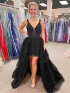 V Neck Backless High Low Beaded Black Lace Long Prom Dresses, Backless Black Formal Dresses, Black Lace Evening Dresses Y1769