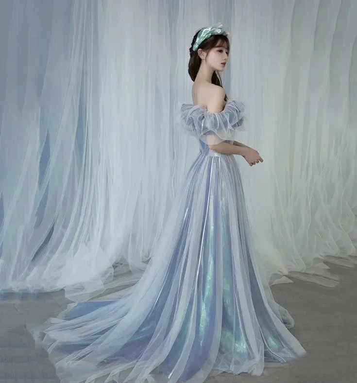 Romantic tulle long A line prom dress blue evening gown Y6572