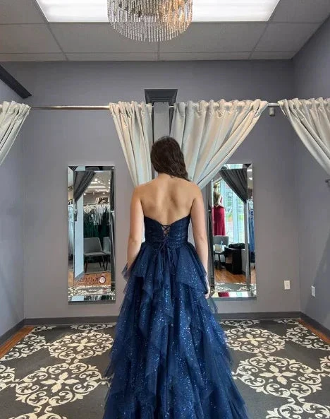 Sparkly Tulle Sequins Evening Dress Navy Blue A Line Prom Dress Y8146
