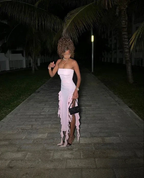 Pink Strapless Ruffle Evening Dress Women Sexy Bodycon Fringe Elegant Sleeveless Backless Holiday Club Party Dress Y6438