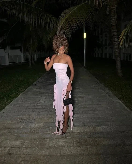 Pink Strapless Ruffle Evening Dress Women Sexy Bodycon Fringe Elegant Sleeveless Backless Holiday Club Party Dress Y6438