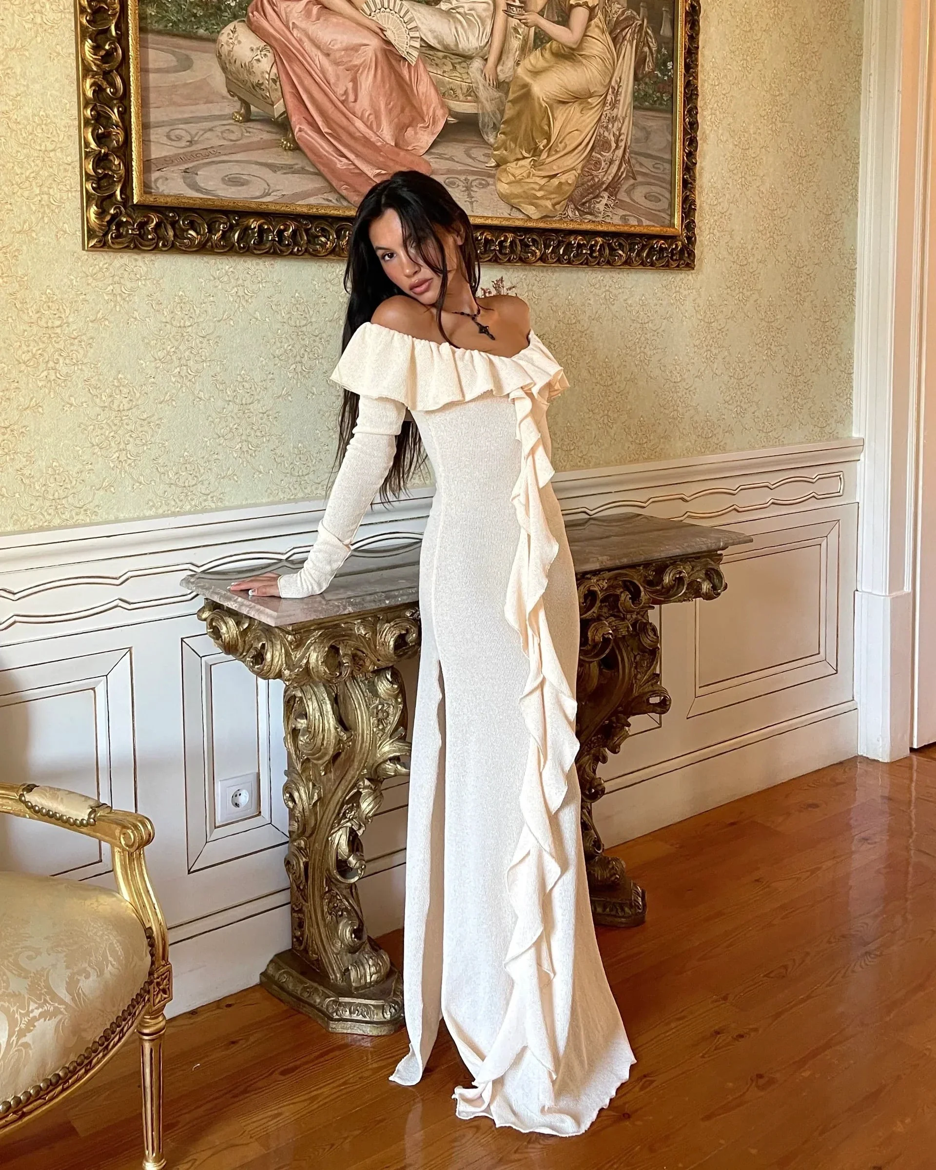 Classy Off The Shoulder Ruffles Cream Long Prom Dress Slit Party Evening Dress Y7975