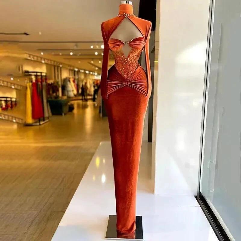 Classy Burnt Orange Velvet Long Evening Dress Pageant Dress Y991