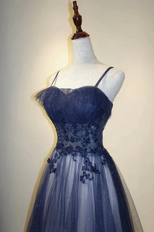 Elegant Gradient Tulle Straps Long Evening Dress, A-Line Tulle Prom Dresses Y1807