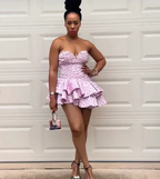Bohemian Mini Dress Pink Dot Short Homecoming Dress Pink Tiered Dress Y2001