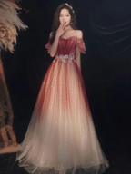 Cute Tulle Sequins Long Prom Dresses A-Line Ombre Evening Dresses Y5850