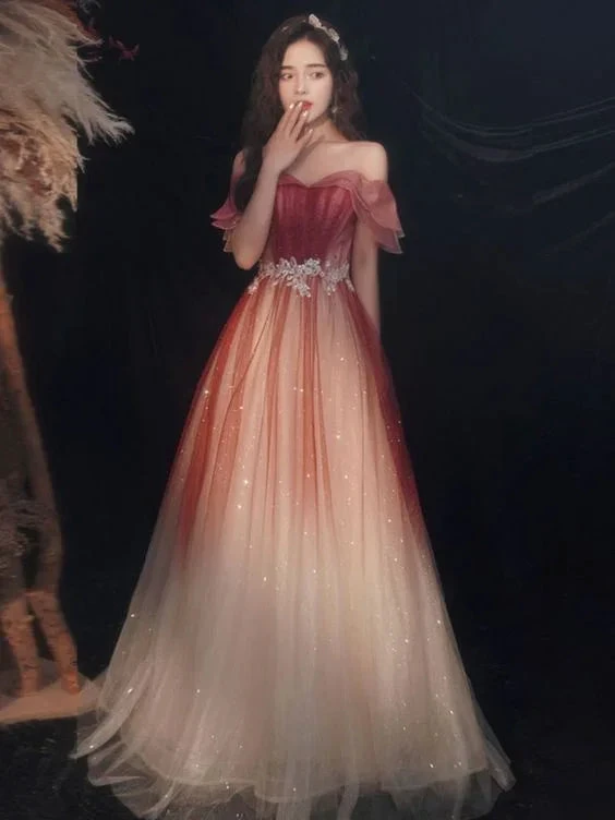 Cute Tulle Sequins Long Prom Dresses A-Line Ombre Evening Dresses Y5850