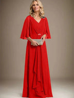 A-line V-Neck Floor-Length Chiffon Mother of the Bride Dress With Cascading Ruffles Crystal Brooch