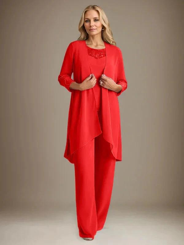 Chiffon Scoop Long Sleeves Mother Of The Bride Pantsuits With Jacket