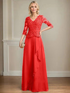A-line V-Neck Floor-Length Lace Chiffon Mother of the Bride Dress With Cascading Ruffles Sequins