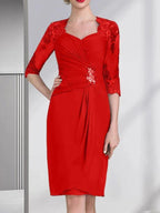 Sheath/Column Sweetheart Knee-Length Chiffon Mother of the Bride Dress With Beading Appliques Lace Sequins Pleated