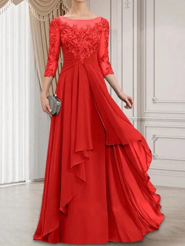 A-line Scoop Illusion Floor-Length Lace Chiffon Mother of the Bride Dress With Cascading Ruffles