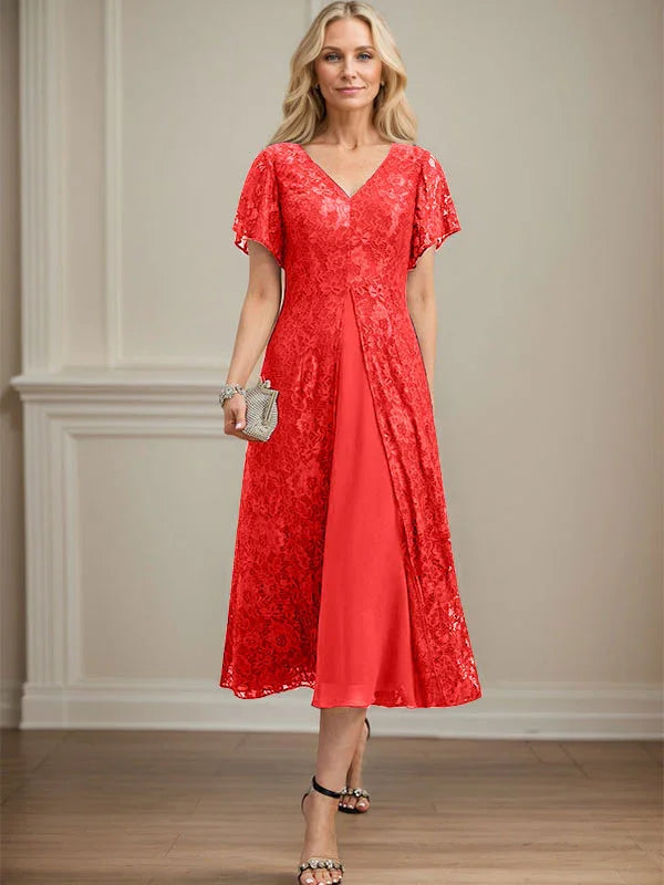A-line V-Neck Tea-Length Lace Chiffon Mother of the Bride Dress