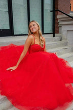 Straps Beaded A-Line Sparkly Red Prom Dress with Split  PSK503