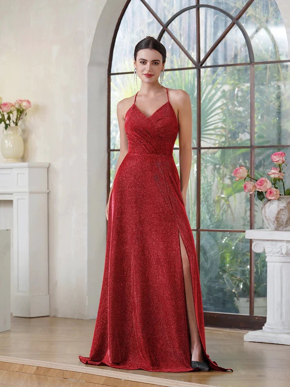 Elegant Long A-line V-Neck Halter Shiny Silk Prom Dress With Side Slit Party Dress with Pocket