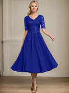 A-line V-Neck Tea-Length Lace Chiffon Mother of the Bride Dress With Sequins