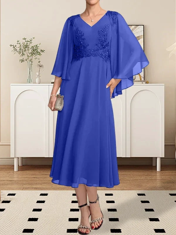 A-line V-Neck Tea-Length Chiffon Lace Mother of the Bride Dress With Beading Sequins