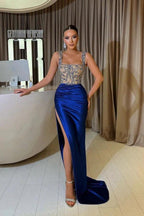 Glamorous Mermaid Square Neckline Satin Long Prom Dresses with Slit