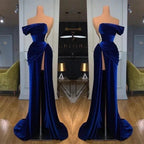 Royal Blue Off the shoulder Long Mermaid Velvet Prom Evening Dress with Split