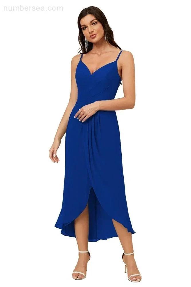 Numbersea Spaghetti Chiffon V Neck Bridesmaid Dress Mid-Length Slit Formal Prom Dress Homecoming Dress 2803