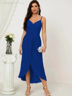 Numbersea Spaghetti Chiffon V Neck Bridesmaid Dress Mid-Length Slit Formal Prom Dress Homecoming Dress 2803