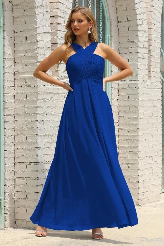 Numbersea Women Halter Chiffon Bridesmaid Dress A-line Long Formal Prom Gown SEA28015