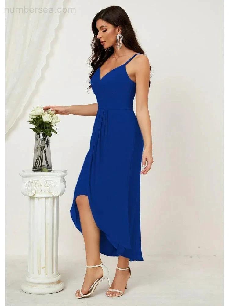 Numbersea Spaghetti Chiffon V Neck Bridesmaid Dress Mid-Length Slit Formal Prom Dress Homecoming Dress 2803
