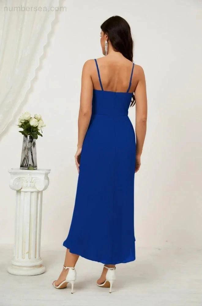 Numbersea Spaghetti Chiffon V Neck Bridesmaid Dress Mid-Length Slit Formal Prom Dress Homecoming Dress 2803