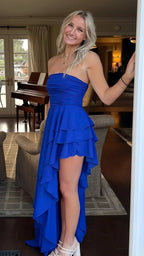 Royal Blue Corset Prom Dresses Strapless Ruffle Party Gown SYP188