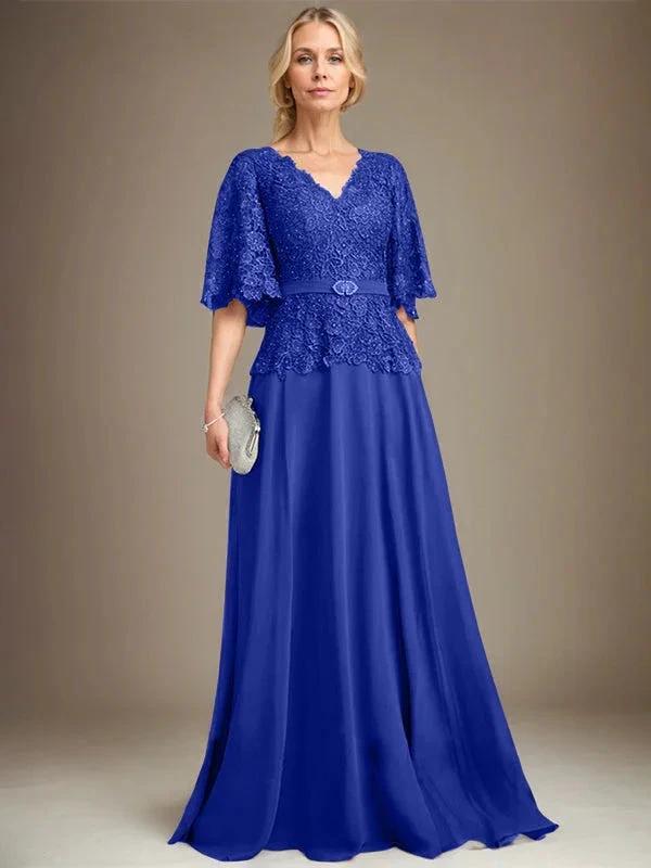 A-line V-Neck Floor-Length Chiffon Lace Mother of the Bride Dress With Crystal Brooch Rhinestone