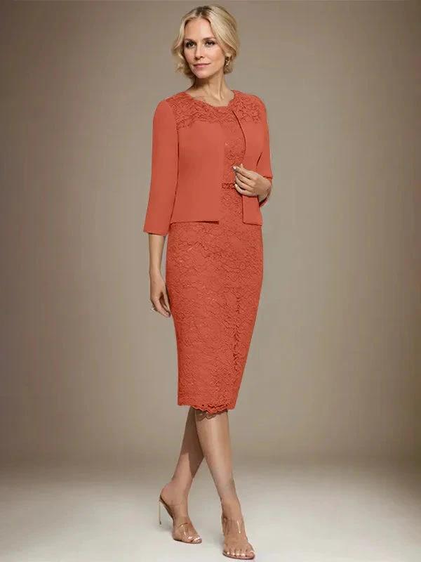 Sheath/Column Scoop Knee-Length Chiffon Lace Mother of the Bride Dress With Beading