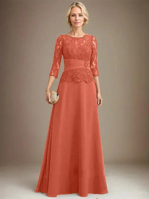 A-line Scoop Illusion Floor-Length Chiffon Lace Mother of the Bride Dress With Pleated Sequins Beading